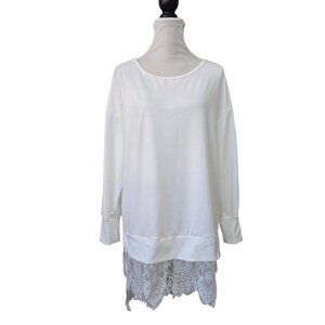 Women's White Long Sleeve Hi Lo Lace Trim Shirt Slits on Sides